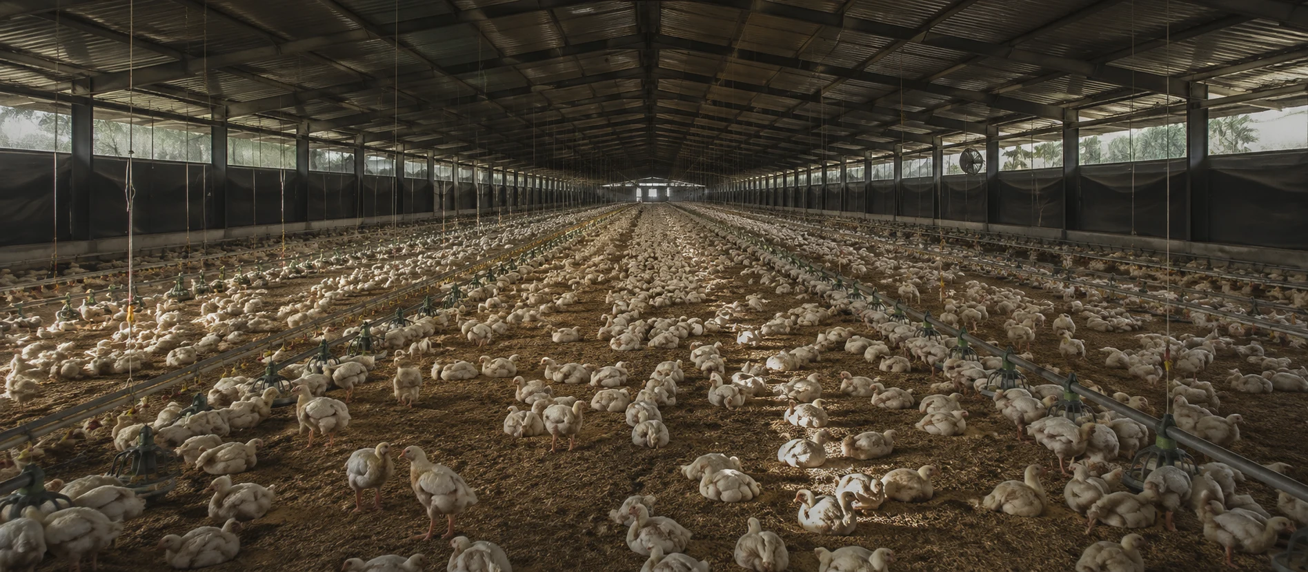 Inside a grow-out house: light from the wall vents lies across the litter, birds spread the length of the shed.