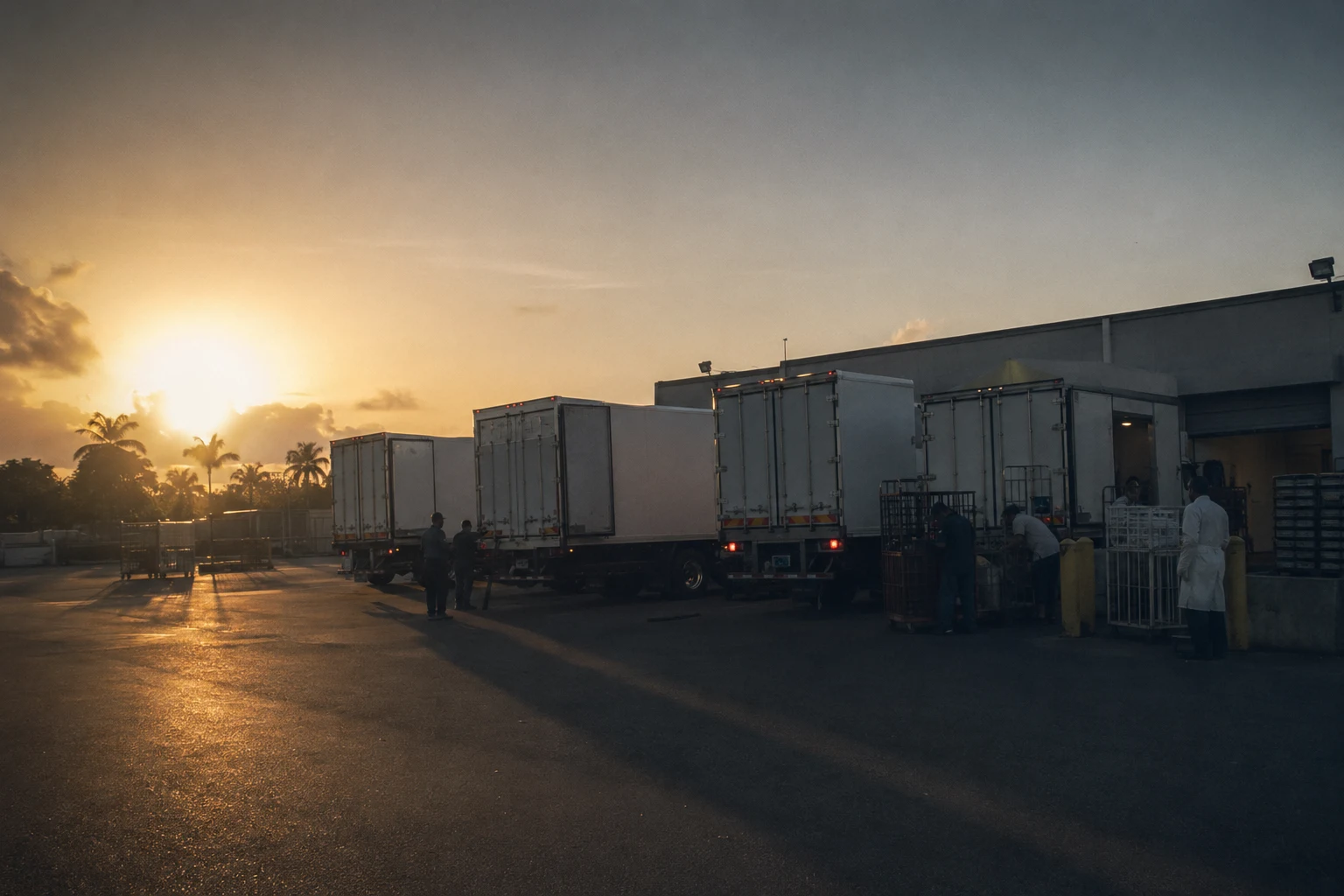 The dispatch yard at first light, refrigerated trailers loaded and casting long shadows across the tarmac.