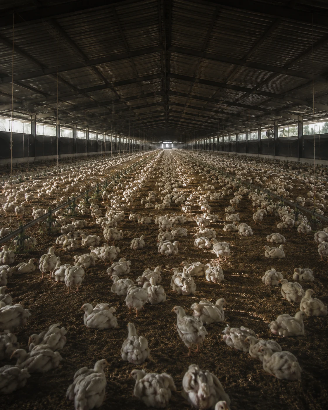 The length of a grow-out house, vents throwing light down onto the floor.