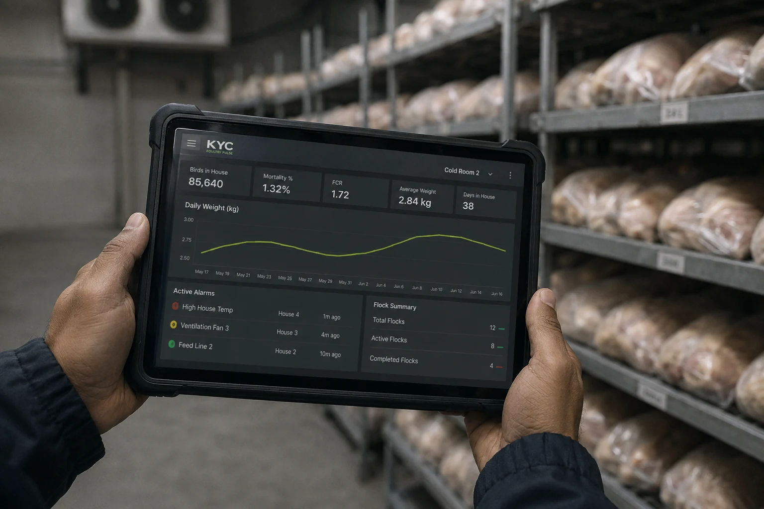 Illustrative tablet dashboard in a cold storage room