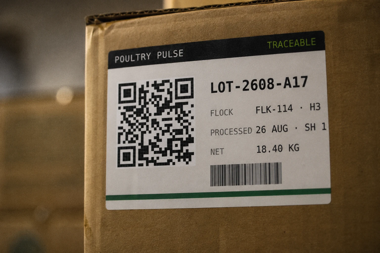 A lot label on a carton: scannable code, lot number LOT-2608-A17, flock, processing date and net weight.