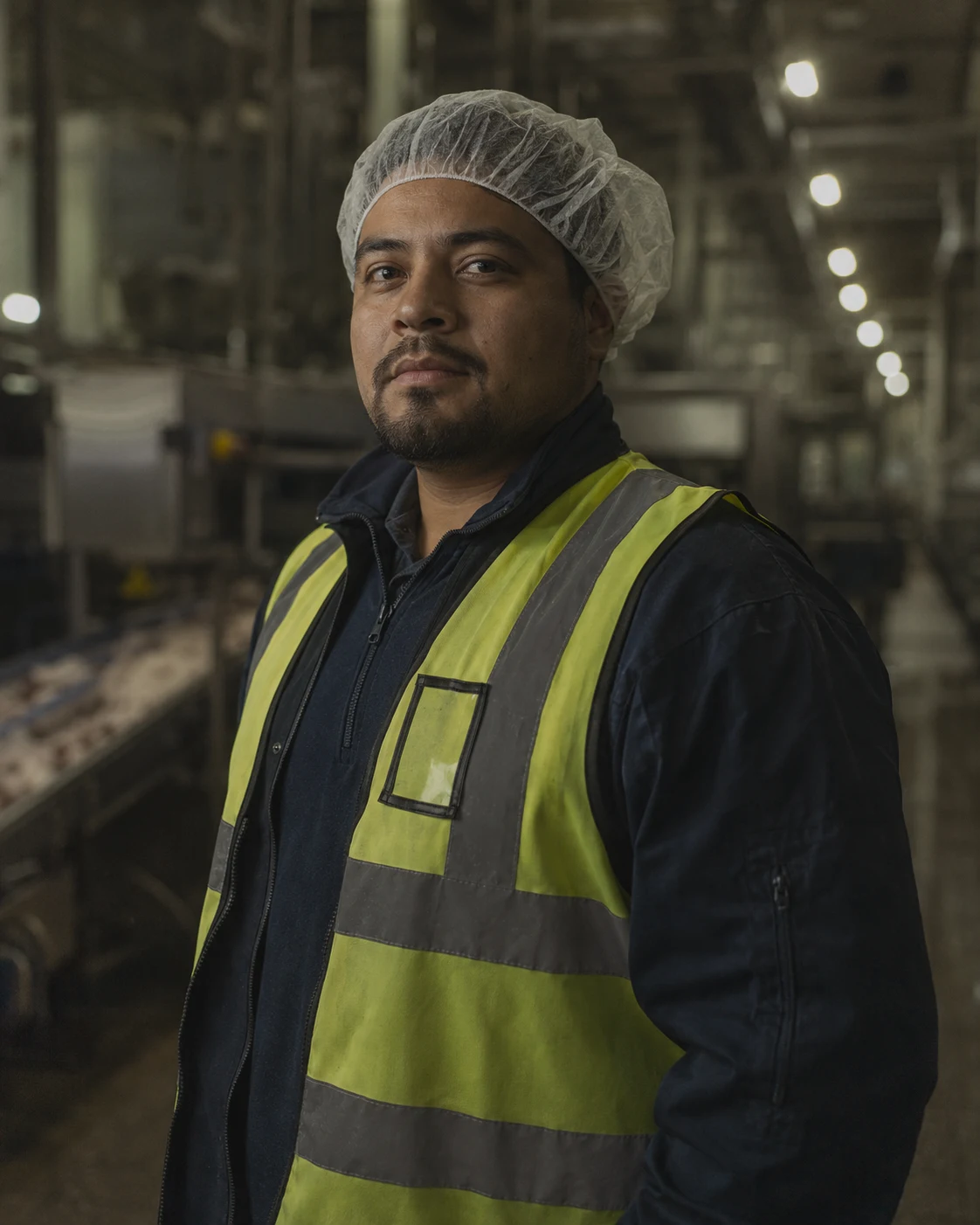 An operations lead on the plant floor, hairnet and hi-vis, lit from one side.